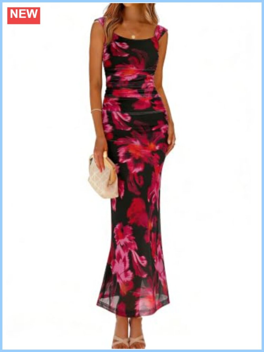 Women's Floral Mesh Bodycon Maxi Dress Sleeveless Square Neck Party